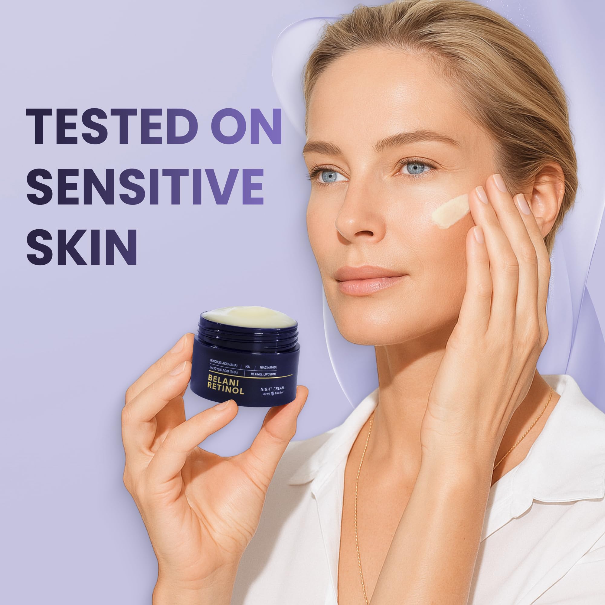 ABERA Belani bottle displays collagen and hyaluronic acid for skin support.