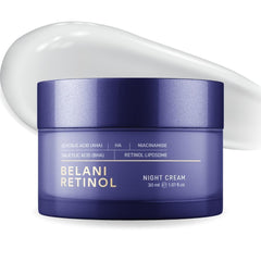 ABERA Belani night cream bottle highlights retinol-infused formula for nighttime skin nourishment.