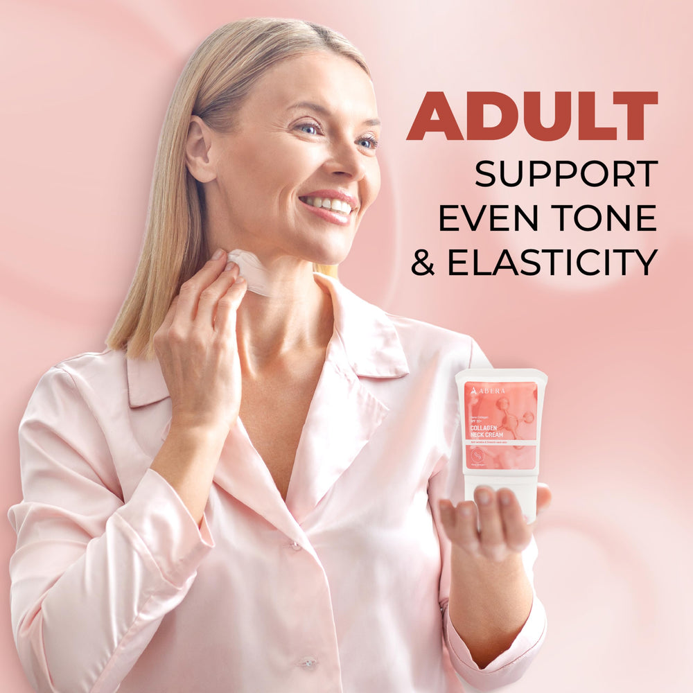 ABERA Collagen Neck Cream roller in use for gentle massage and deeper absorption.
