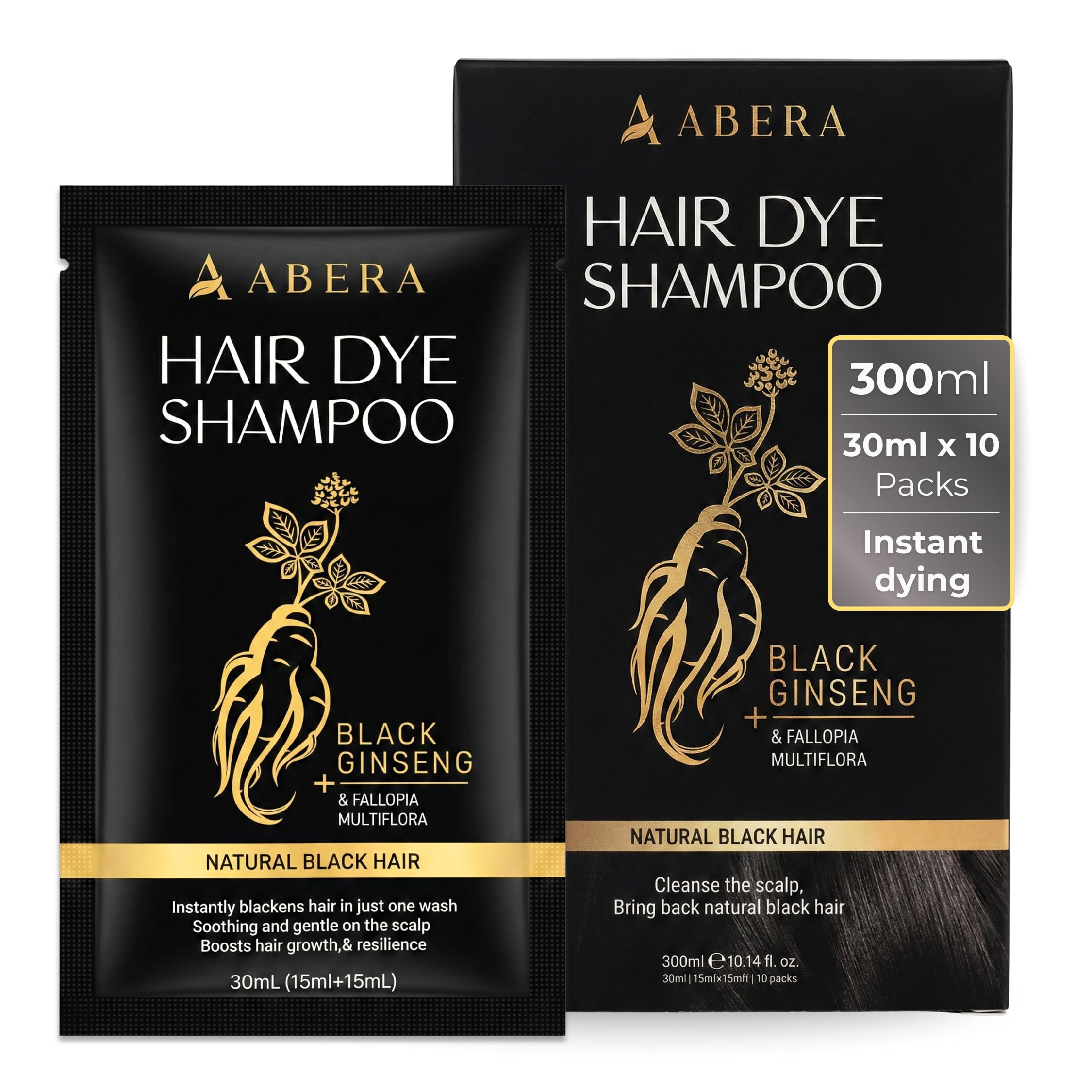 ABERA hair dye shampoo pack in black travel kit showing gray hair coverage possibility
