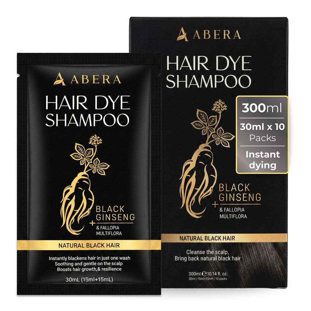 ABERA hair dye shampoo pack in black travel kit showing gray hair coverage possibility