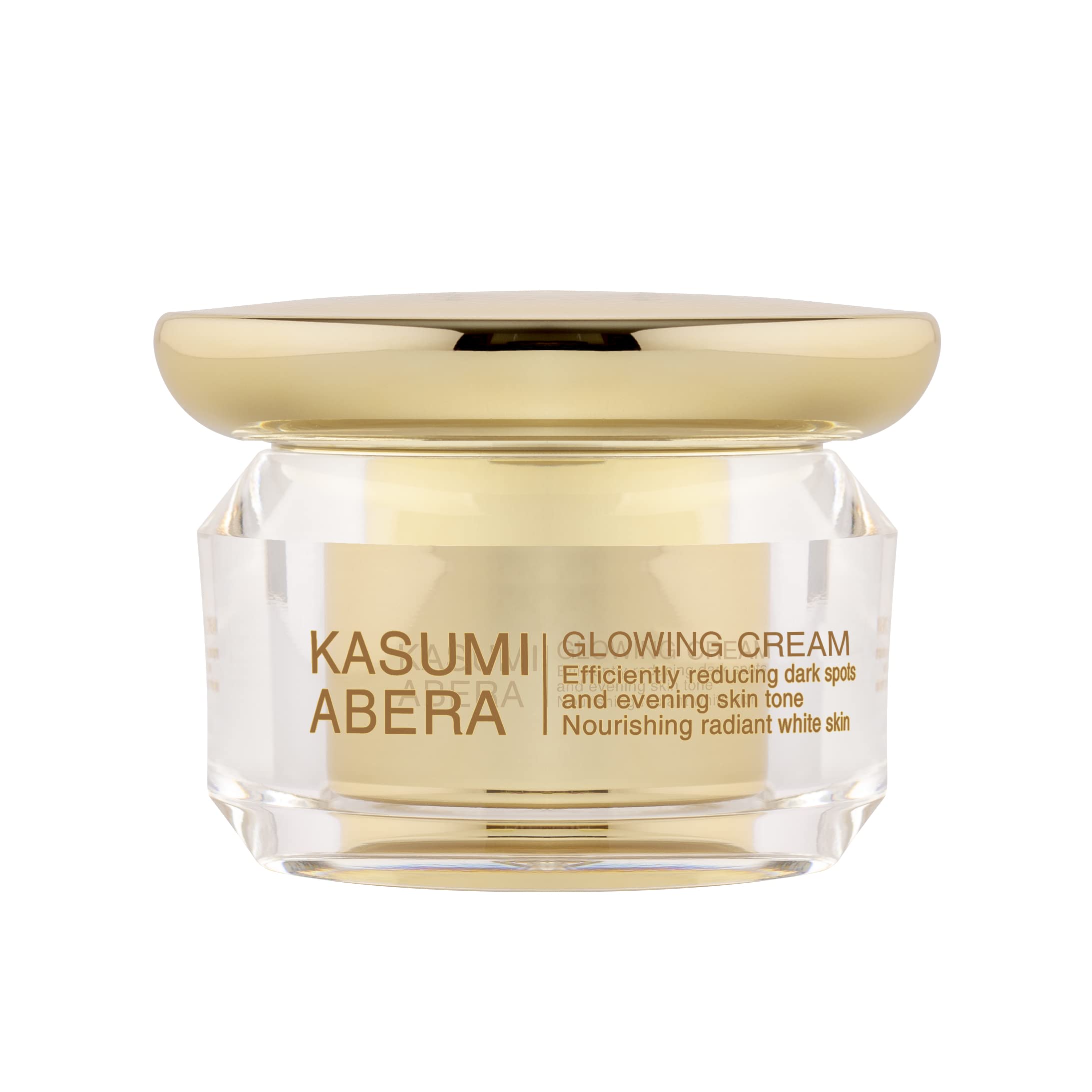 ABERA Kasumi Glowing Cream jar close-up showing creamy texture for radiant skin.