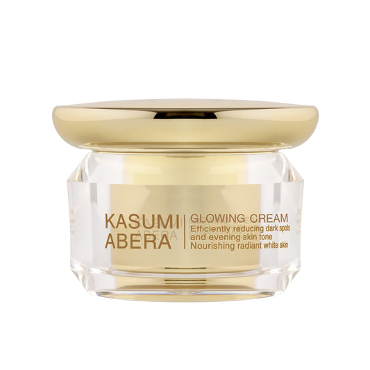 ABERA Kasumi Glowing Cream jar close-up showing creamy texture for radiant skin.