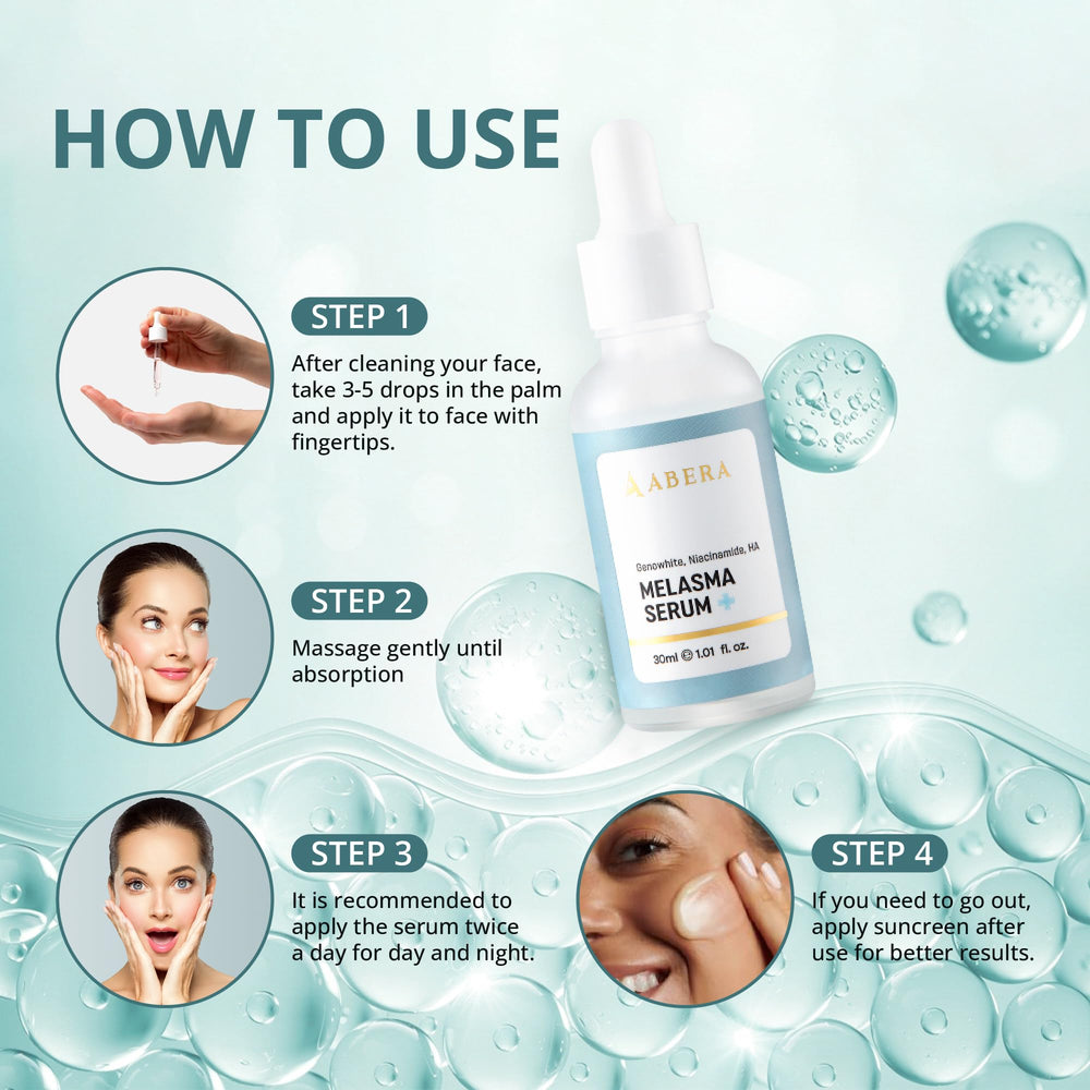 Abera Melasma Serum bottle on a clean vanity.
