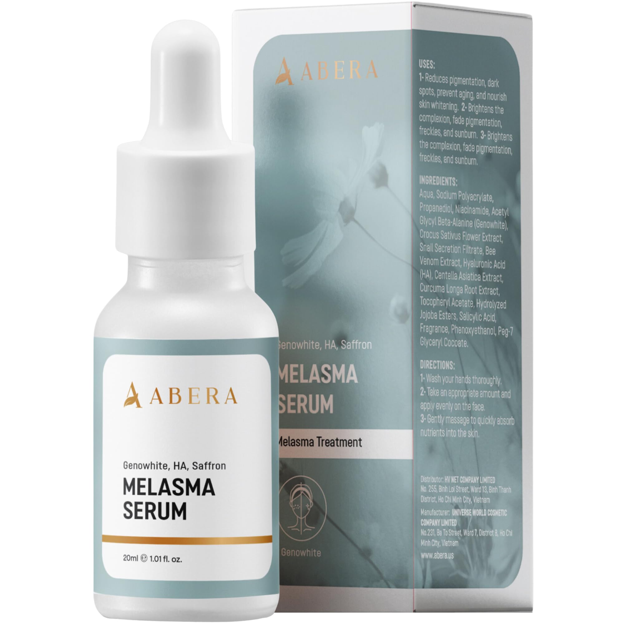 ABERA Melasma Serum bottle close-up showing premium packaging and hydration.