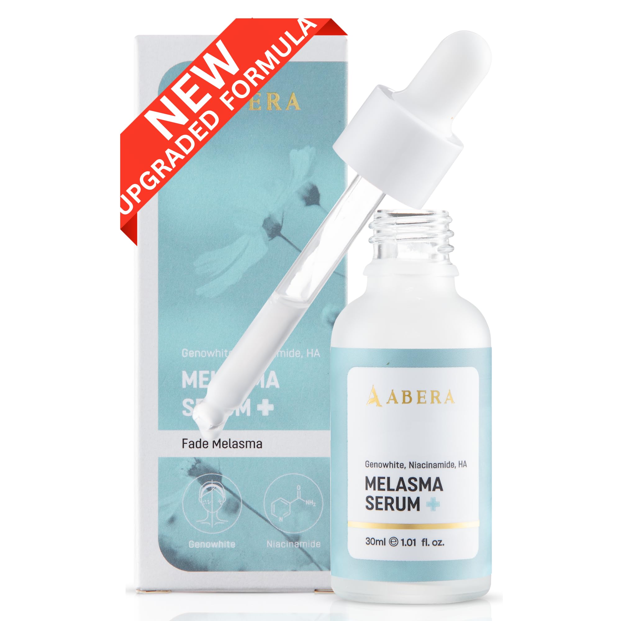 Abera Melasma Serum bottle with pump targets dark spots for even skin tone.