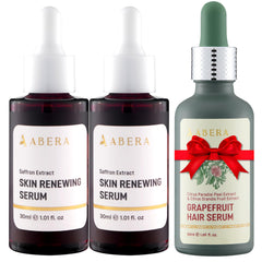 ABERA Renewing Saffron Serum bottle highlights deep hydration for daily use.