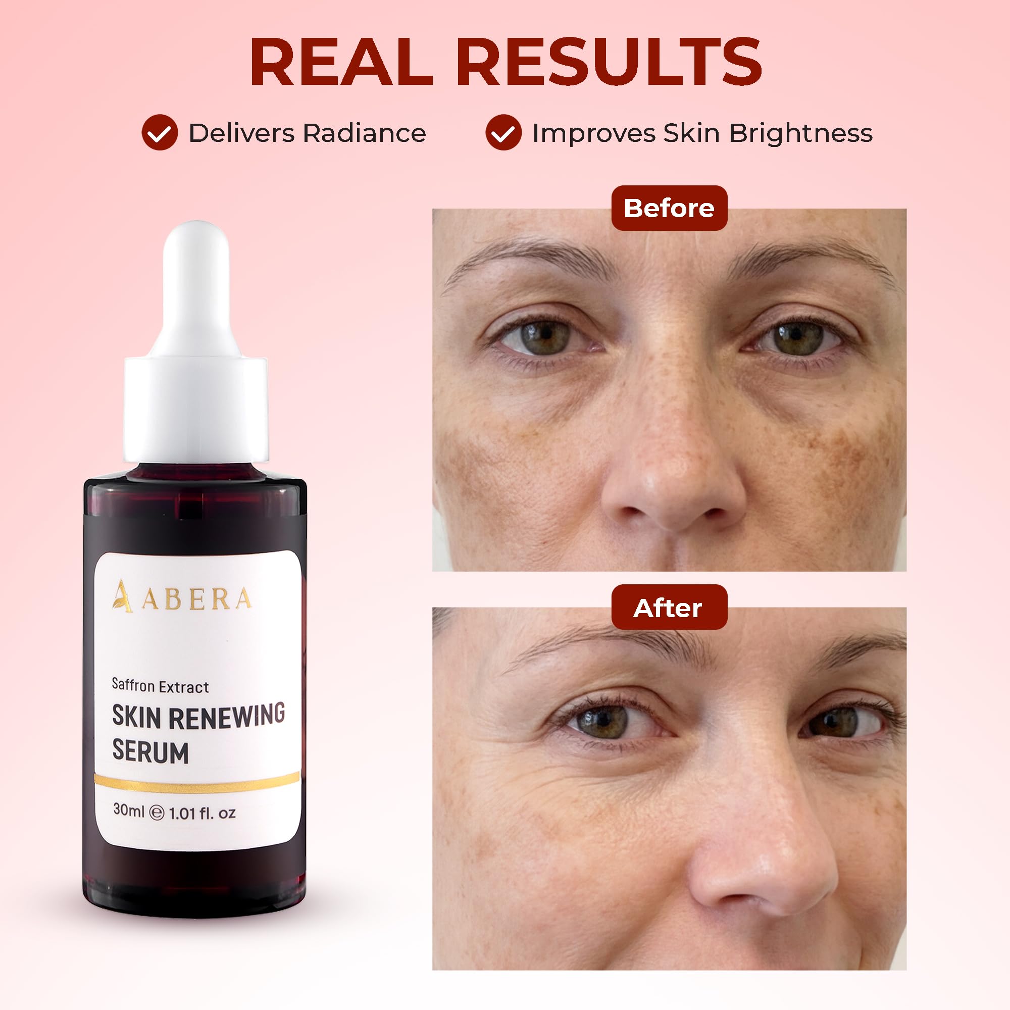 ABERA Renewing Saffron Serum packaging box on clean vanity.