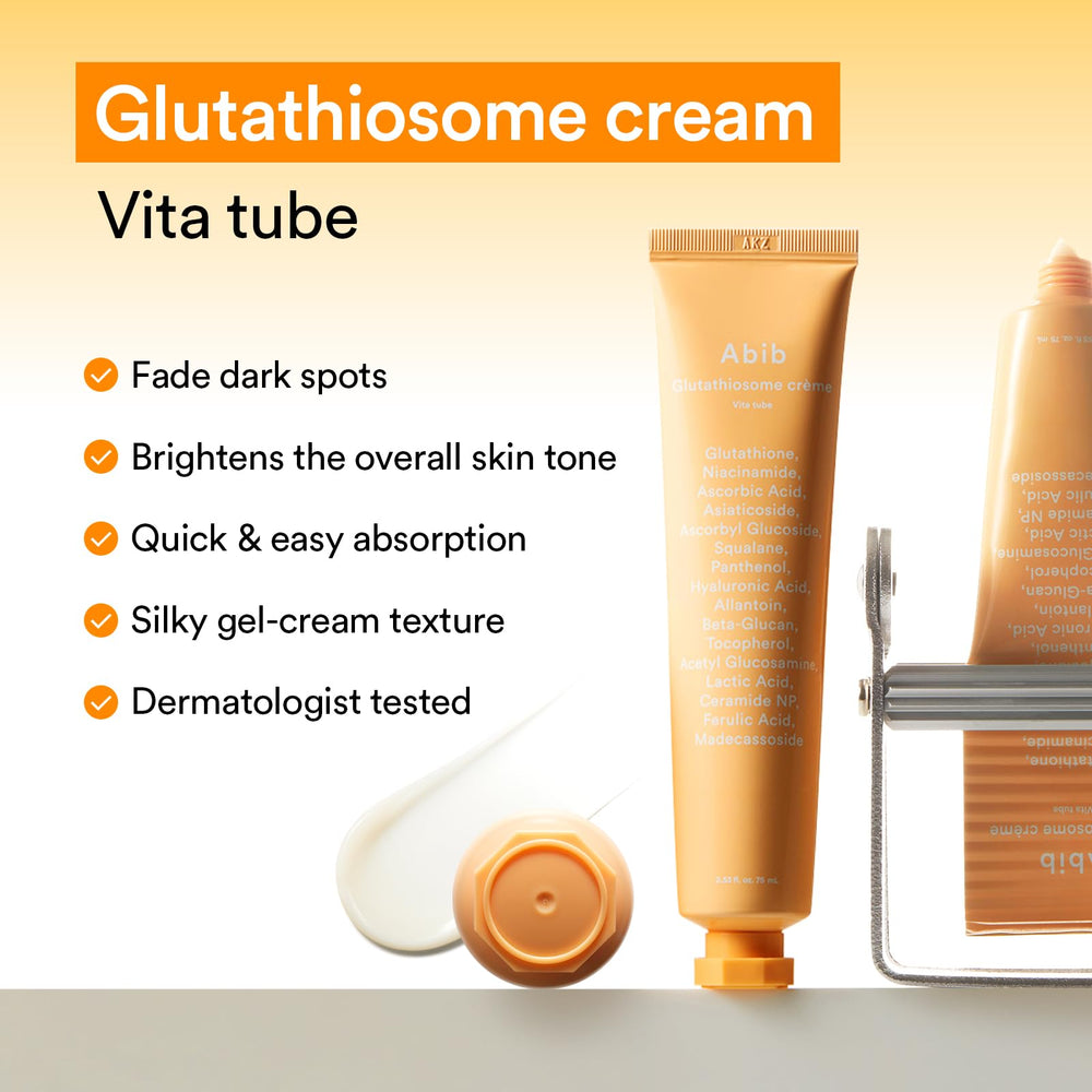Abib Glutathiosome Cream Vita Tube angled shot highlighting creamy texture.