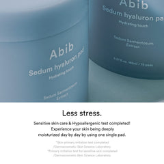Abib Sedum Hyaluron Pad Hydrating Touch pack shows 75 pads for routine use.