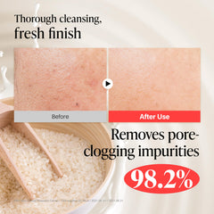 About Me Rice Makgeolli Cleansing Foam bottle close-up with mineral-rich rice bran water base.