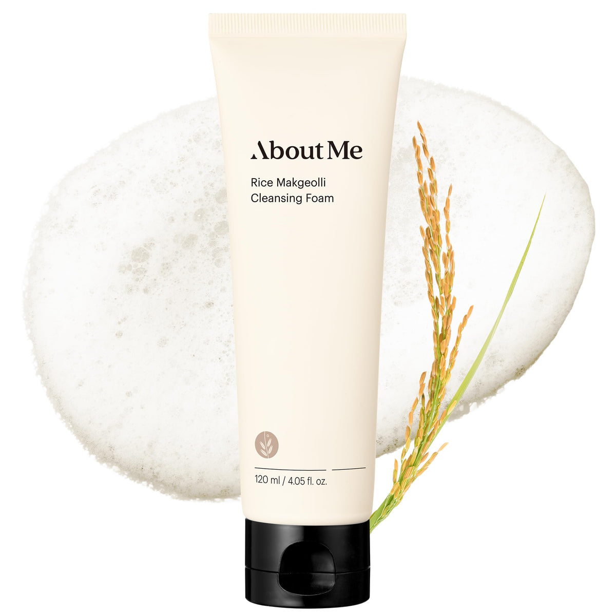 About Me Rice Makgeolli Cleansing Foam cap close-up, gentle pH-balanced cleansing for sensitive skin.