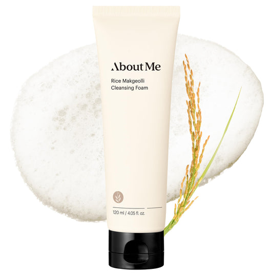 About Me Rice Makgeolli Cleansing Foam cap close-up, gentle pH-balanced cleansing for sensitive skin.
