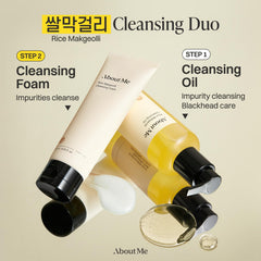 About Me Rice Makgeolli Cleansing Foam cap-to-foam sequence visual.