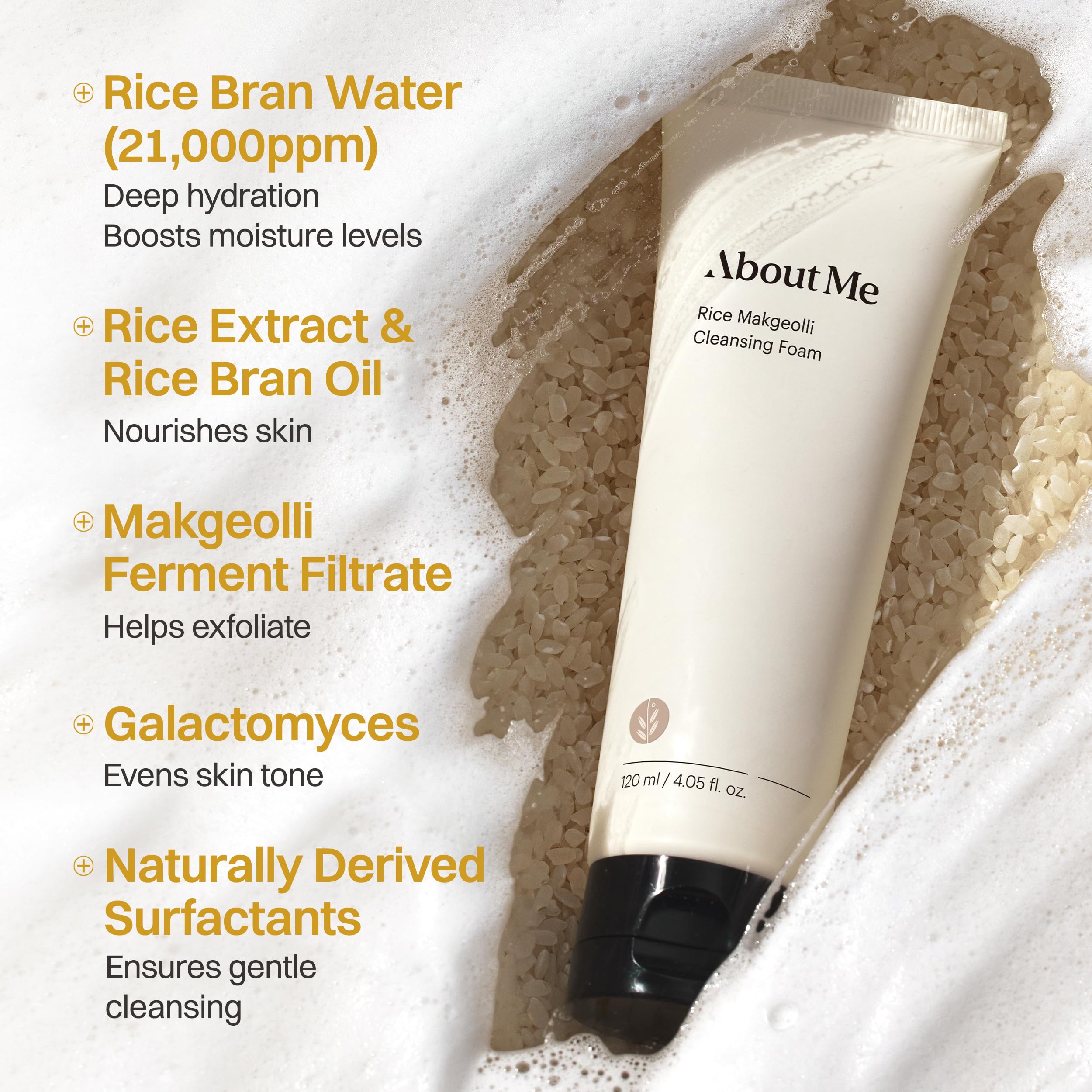 About Me Rice Makgeolli Cleansing Foam ingredients focus on Galactomyces and Centella.