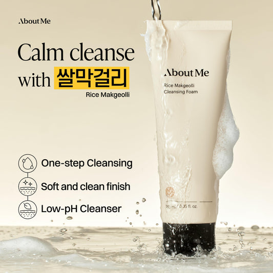 About Me Rice Makgeolli Cleansing Foam lather close-up shows cream-to-foam cushion texture.
