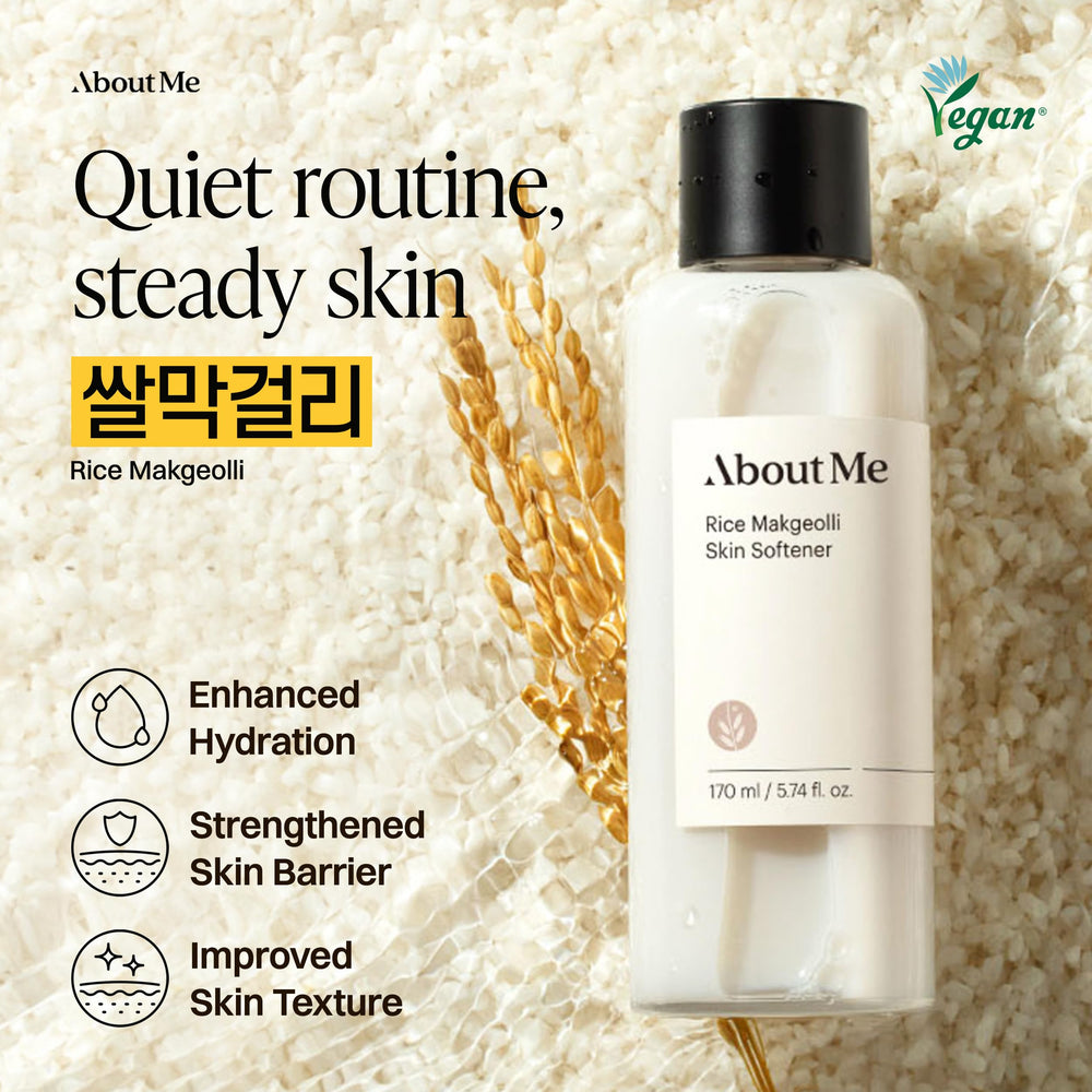 About Me Rice Makgeolli Toner bottle closeup highlighting fermentation powered hydration.