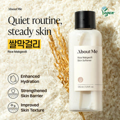 About Me Rice Makgeolli Toner bottle closeup highlighting fermentation powered hydration.