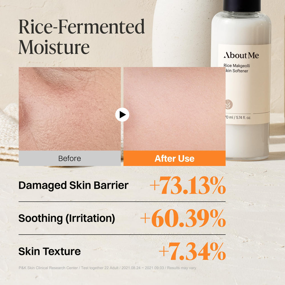 About Me Rice Makgeolli Toner pour demonstrates gentle dispensing for even application.