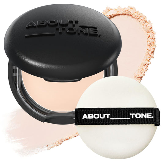 ABOUT TONE Blur Powder Pact compact with mirror showing natural finish for touch-ups