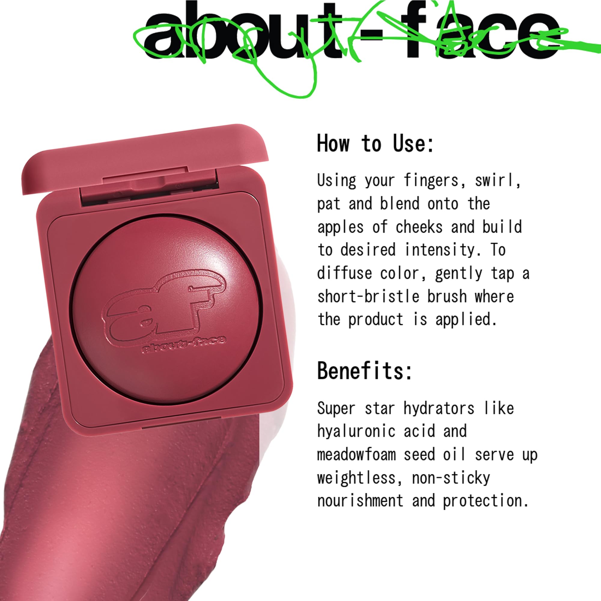 about-face Cheek Freak Blush Balm close-up highlighting hyaluronic acid for hydration