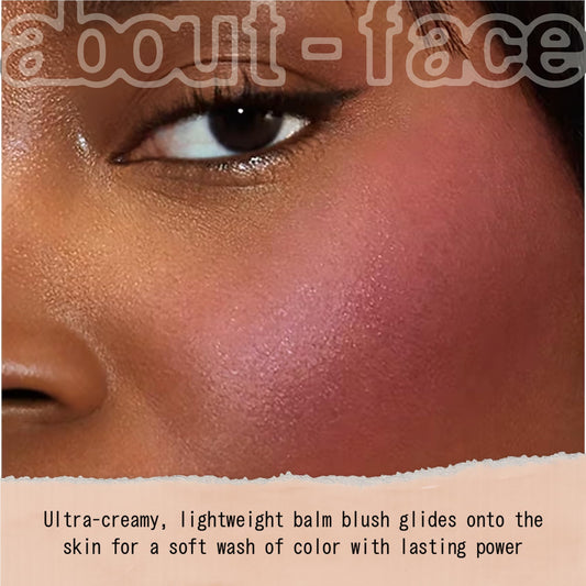 about-face Cheek Freak Blush Balm packaging close-up highlighting vegan cruelty-free status