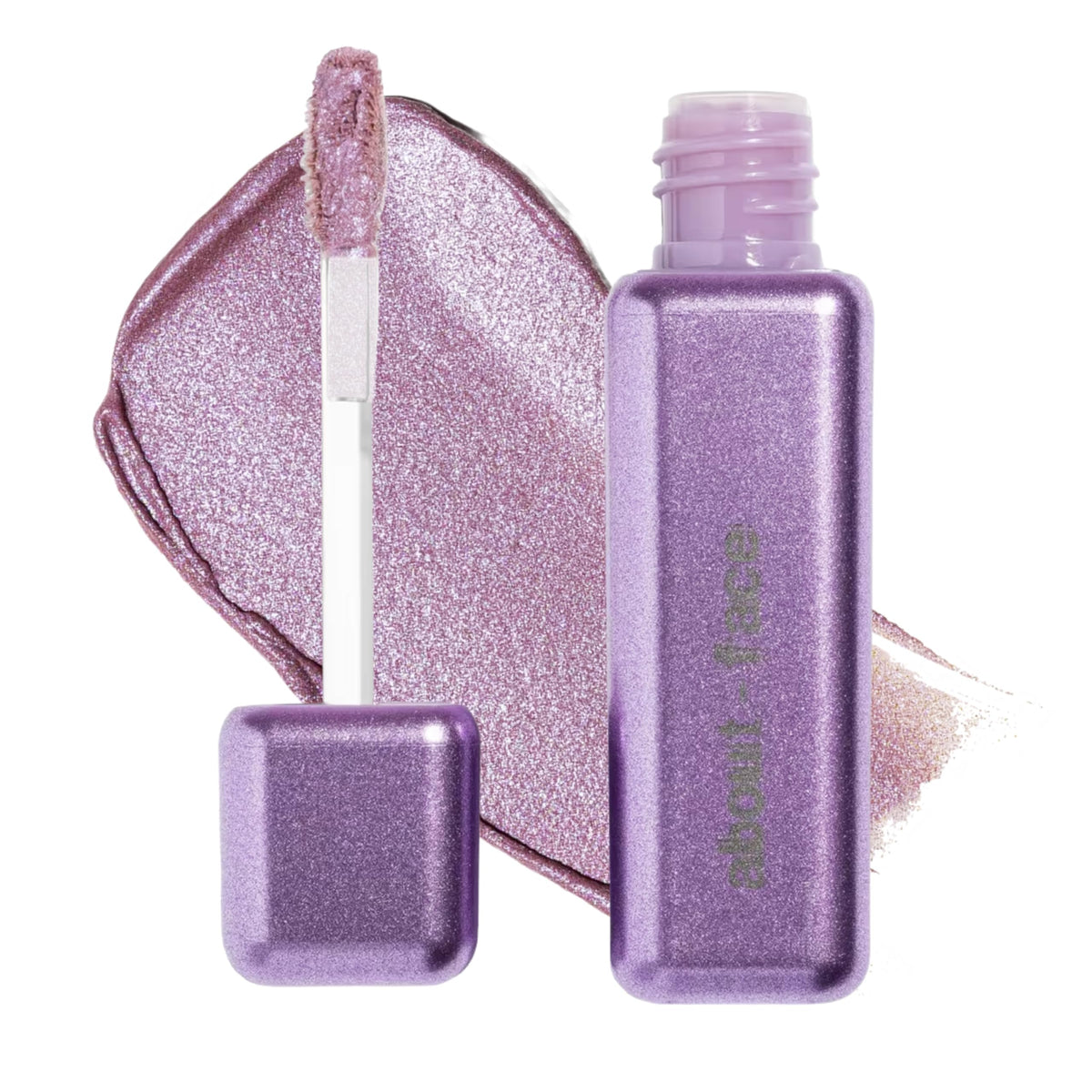 About Face Fractal Glitter Eye Paint Take A Trip swatch shows lavender sparkle with zero fallout.