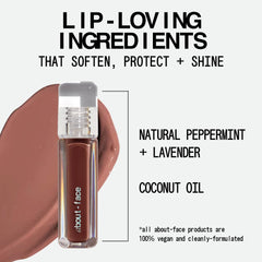 about-face Light Lock Lip Gloss Adore Me swatches display espresso shade options.