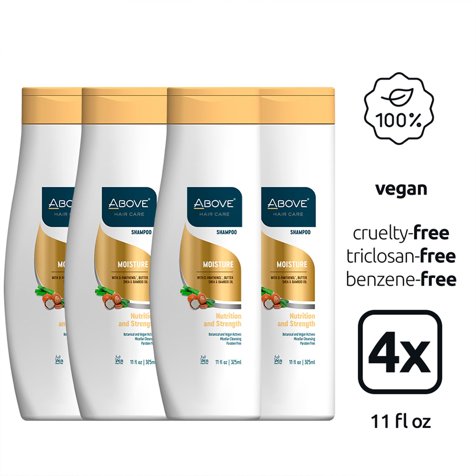 ABOVE Moisture Shampoo bottle back label notes vegan, cruelty-free formula.
