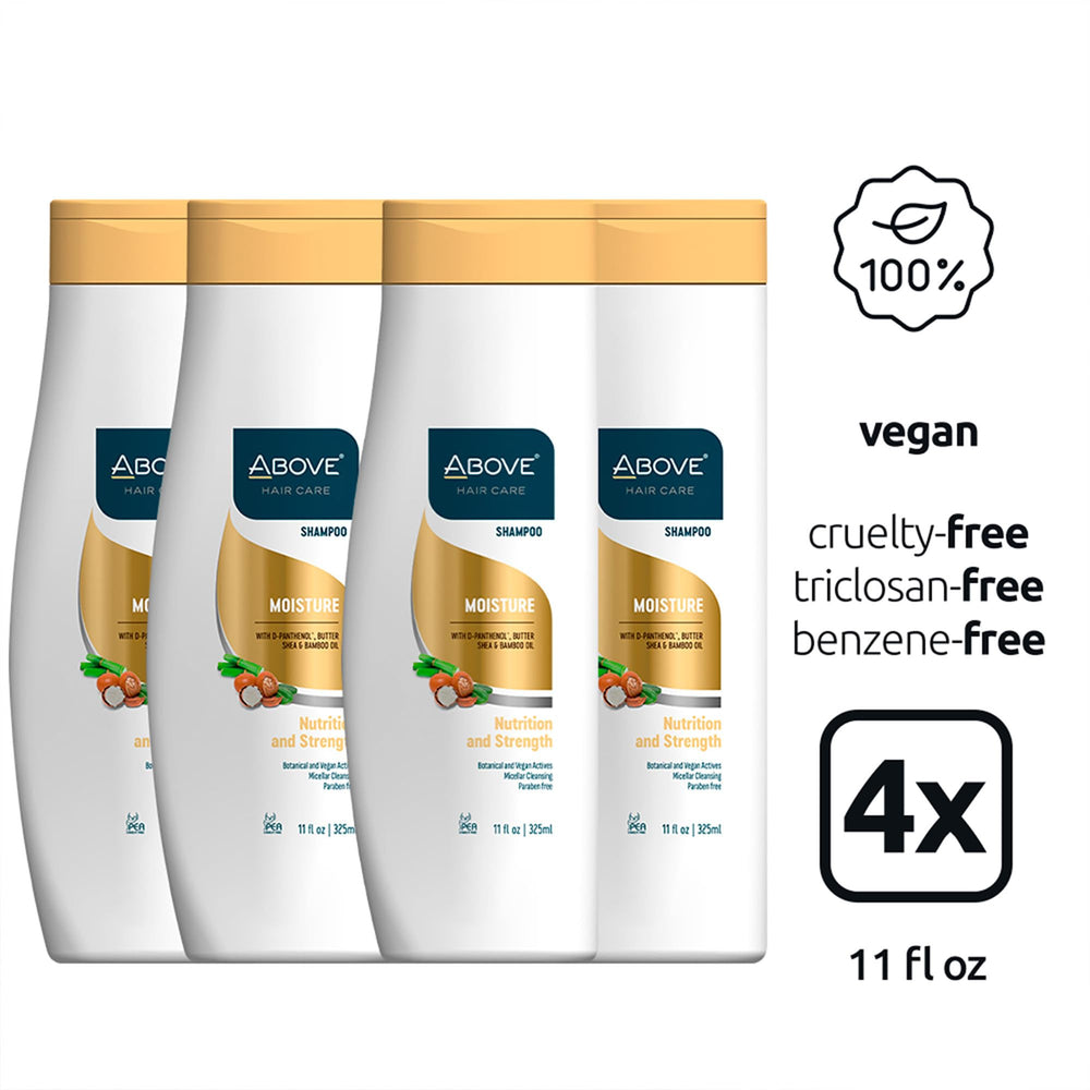 ABOVE Moisture Shampoo bottle back label notes vegan, cruelty-free formula.