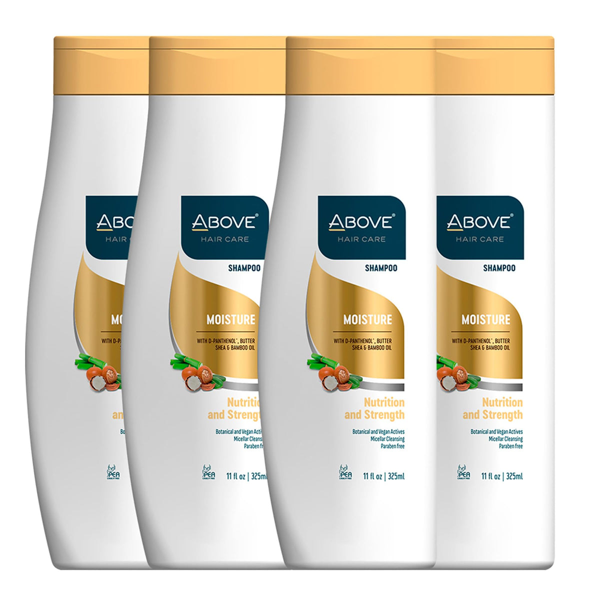 ABOVE Moisture Shampoo bottle front emphasizes hydration for shine and softness.