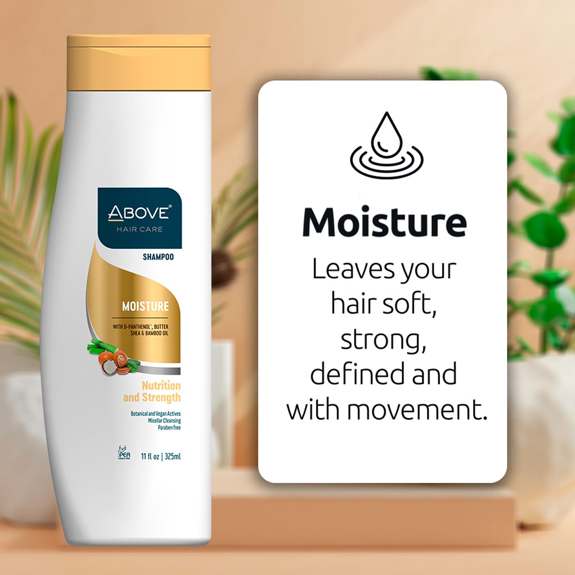 ABOVE Moisture Shampoo pump-top demonstrates easy daily use.