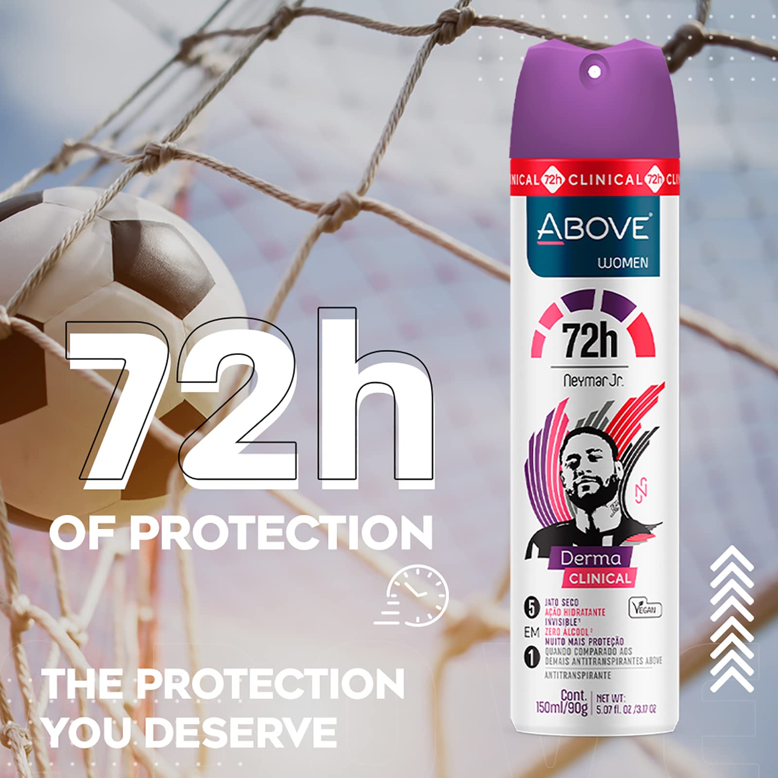 Packaging of Above Neymar Jr 72h Derma Clinical deodorant highlighting cruelty‑free ethics.