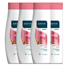 ABOVE Nutritive Shampoo bottle pour demonstrates easy application and nourishment.