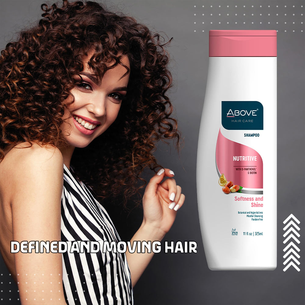 ABOVE Nutritive Shampoo ingredients highlight D-panthenol and biotin benefits.