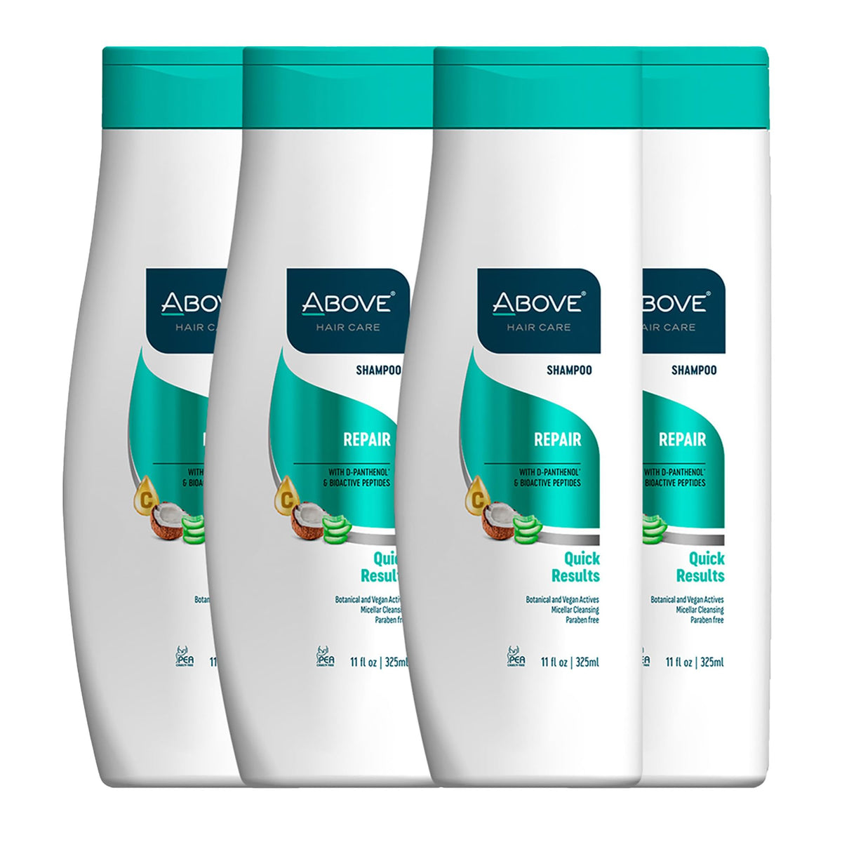 Above Repair Shampoo 4pcs pack displays vegan, benzene-free formula for healthier hair.