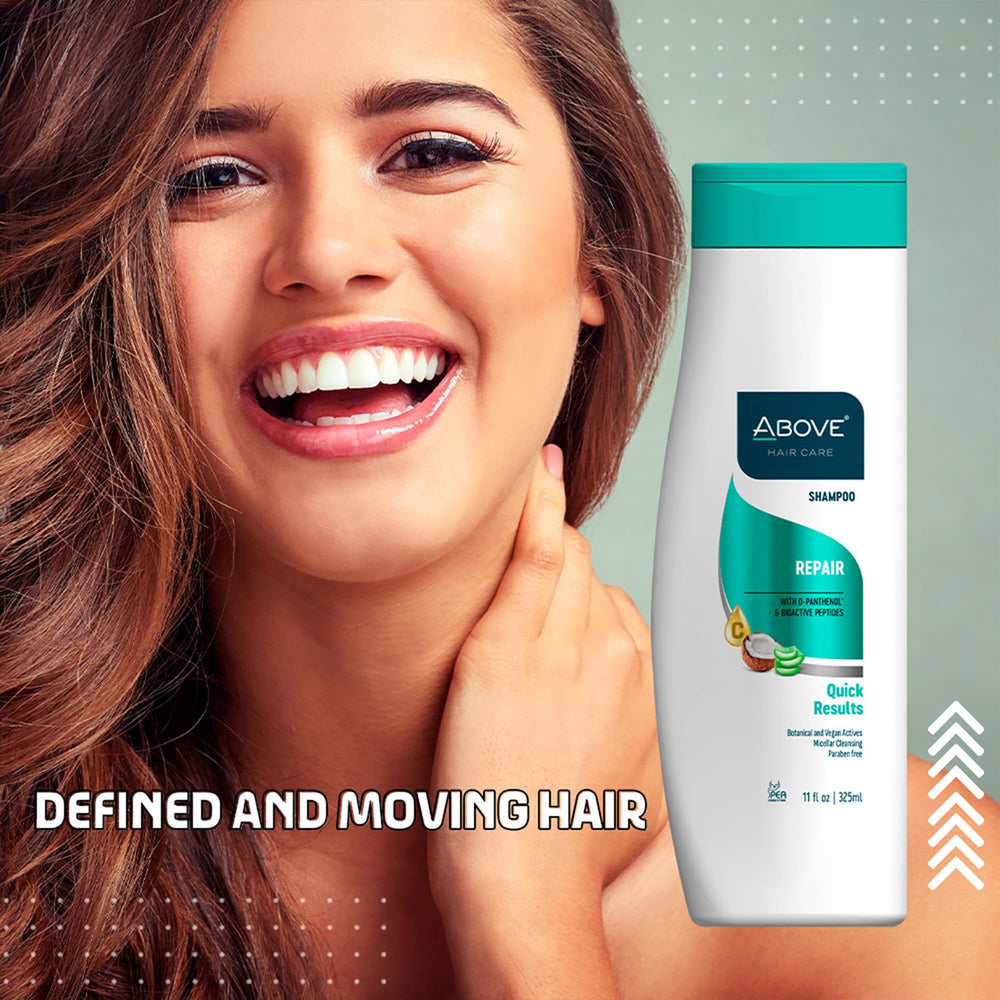 Above Repair Shampoo frizz control demonstration suggests smooth, manageable hair.