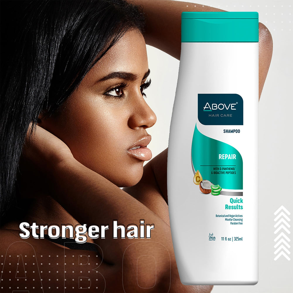 Above Repair Shampoo thin hair fullness scene illustrates added body and volume.