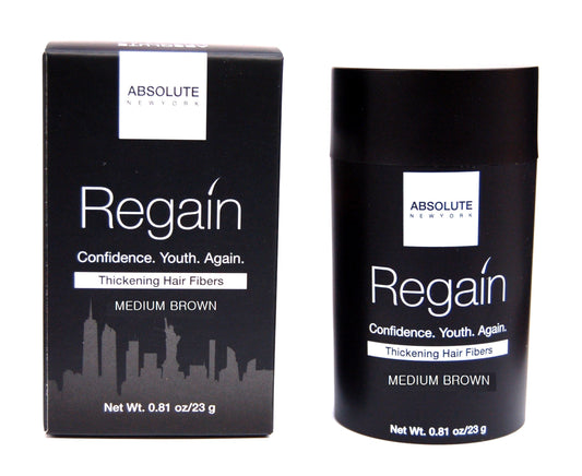 Absolute New York Regain Hair Fibers bottle demonstrates instant lift for thinning areas.