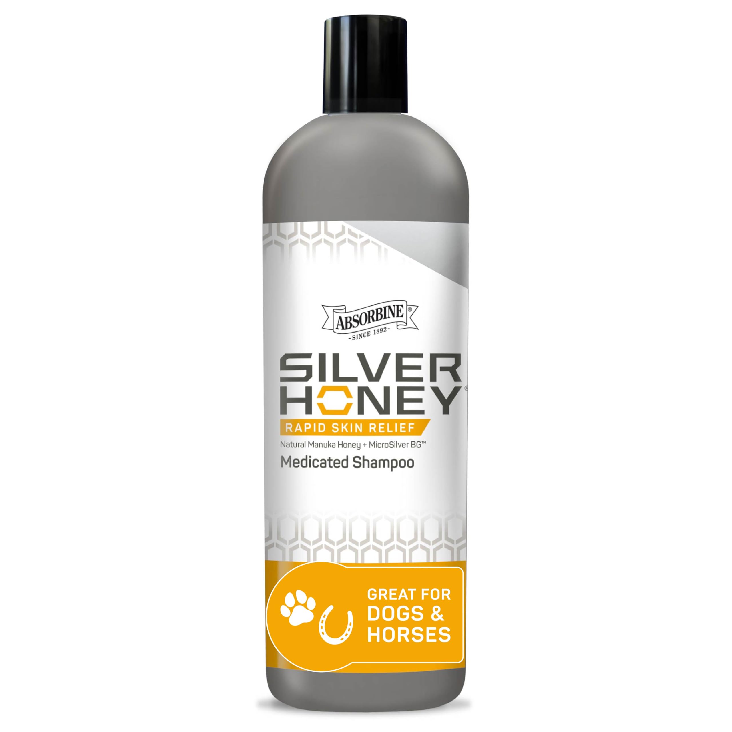 Absorbine Silver Honey Rapid Shampoo bottle front demonstrates vet-developed formula for durable skin relief.