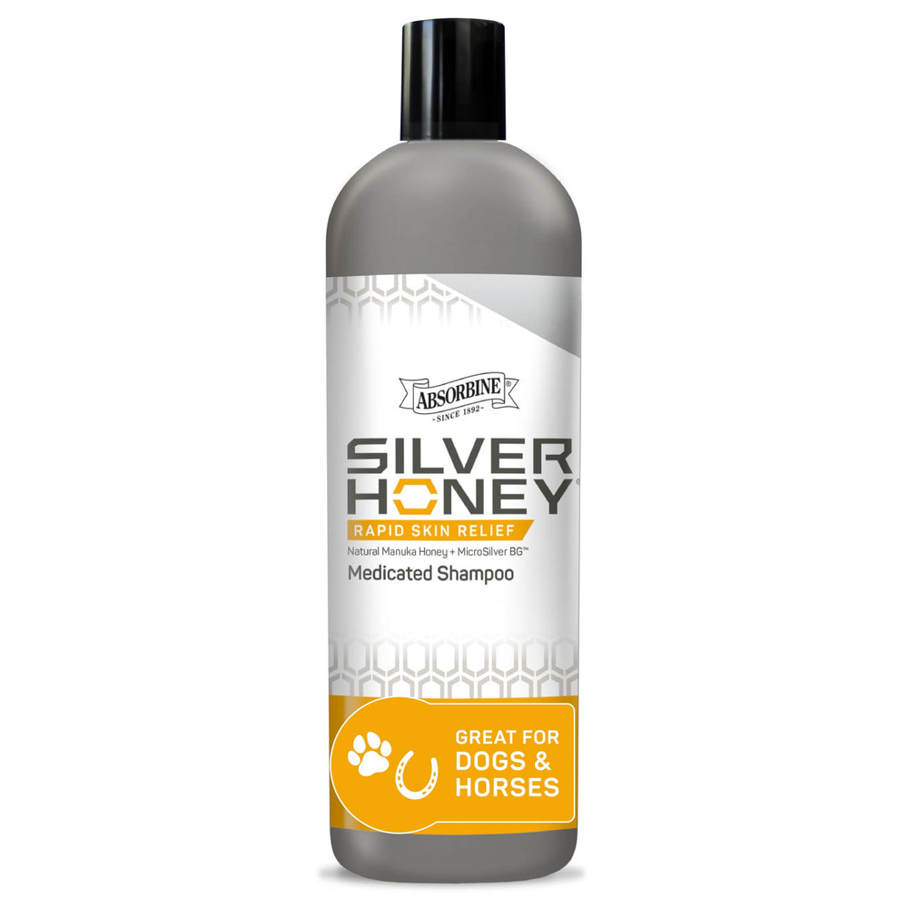 Absorbine Silver Honey Rapid Shampoo bottle front demonstrates vet-developed formula for durable skin relief.