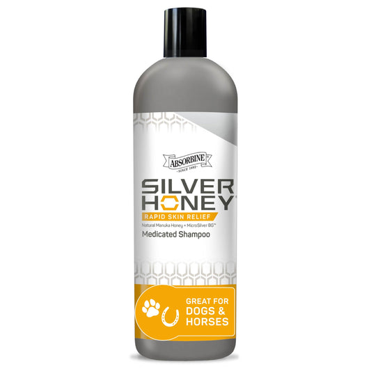 Absorbine Silver Honey Rapid Shampoo bottle front demonstrates vet-developed formula for durable skin relief.