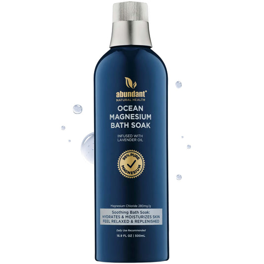Abundant Natural Health Ocean Magnesium Bath Soak bottle with lavender for calming relaxation.