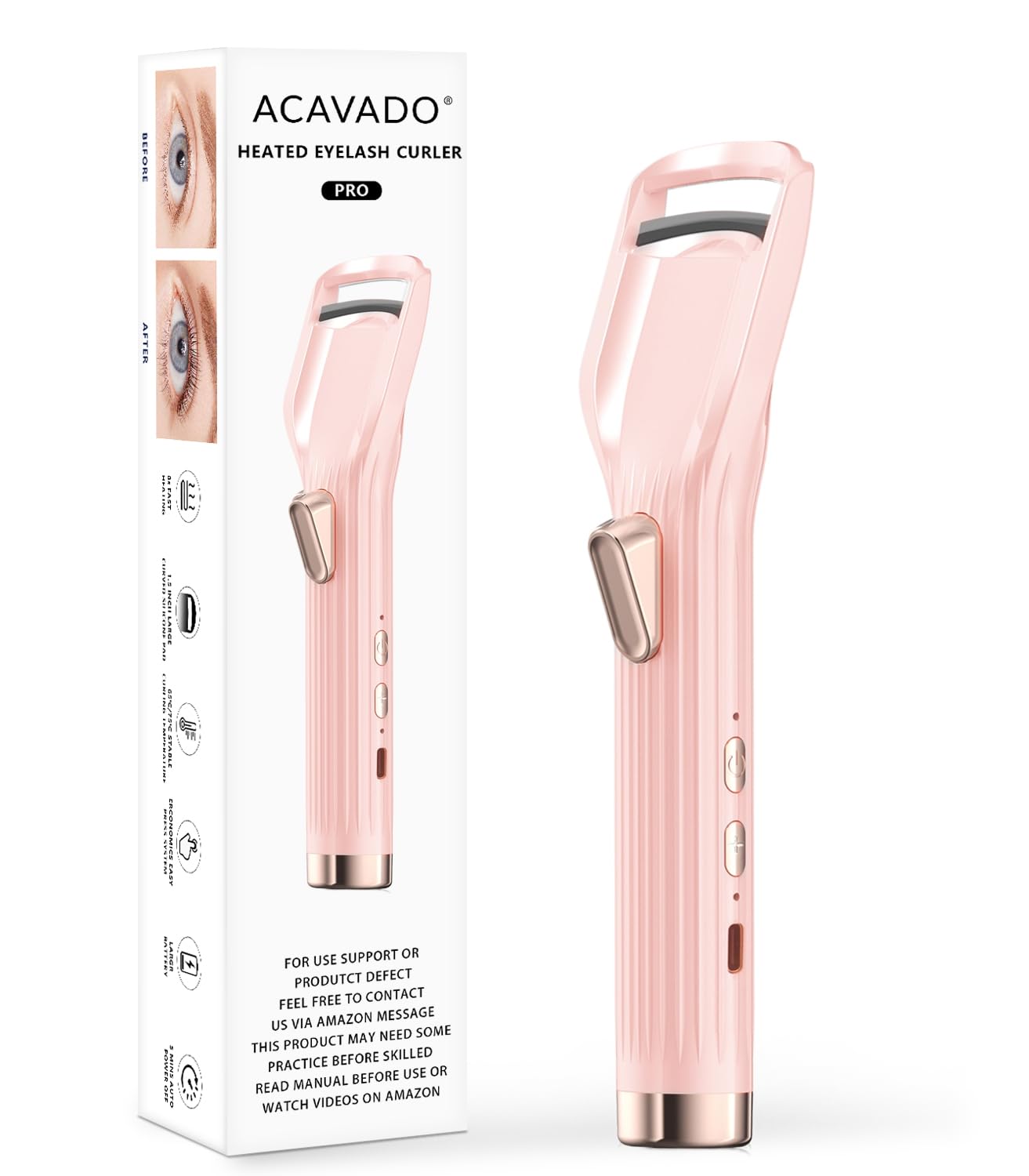 Acavado heated eyelash curler front view with anti-burn comb for safe curling