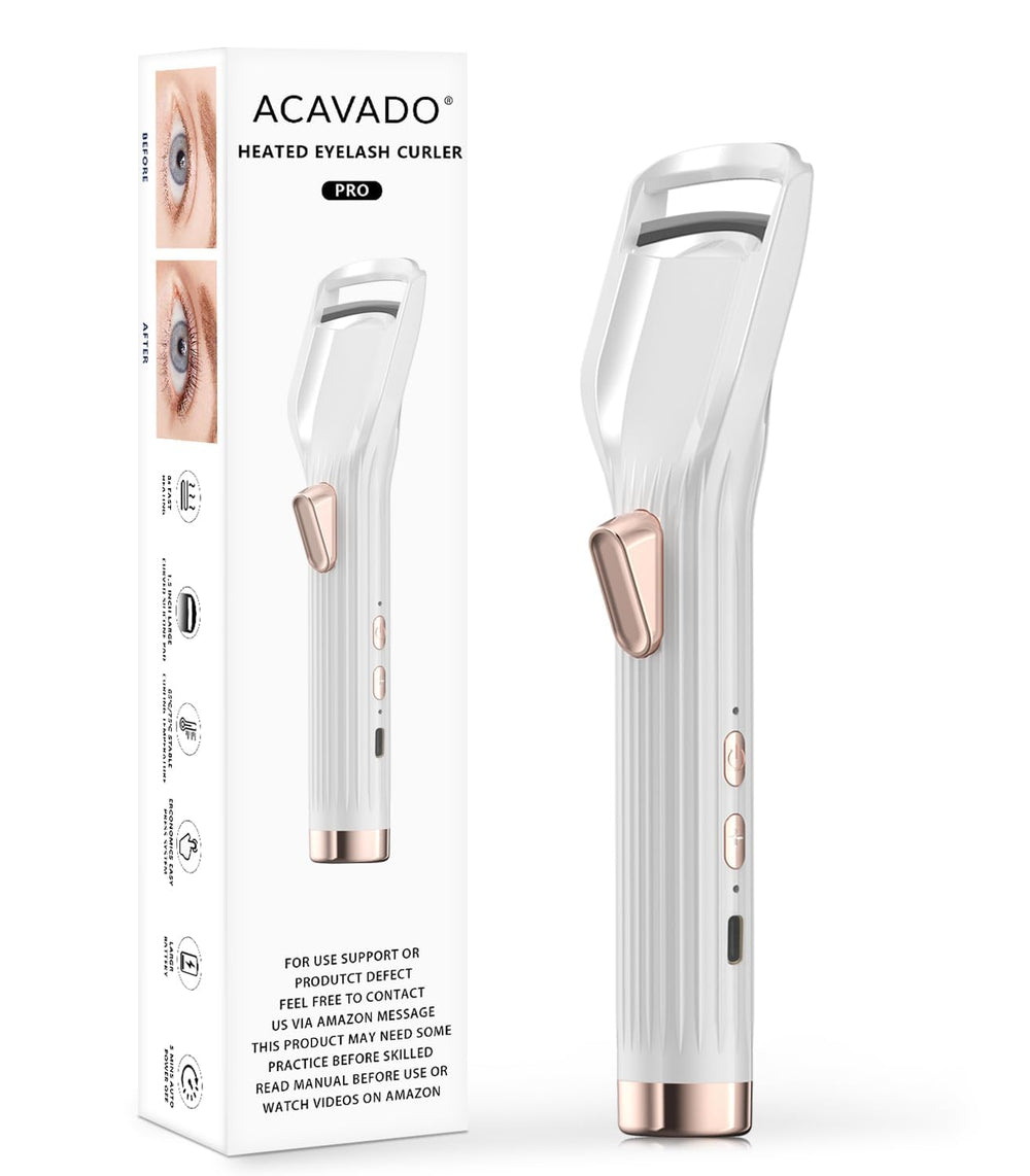 Acavado Premium PRO heated eyelash curler close-up showing rapid heat operation.