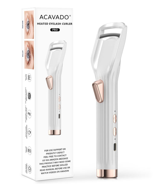 Acavado Premium PRO heated eyelash curler close-up showing rapid heat operation.