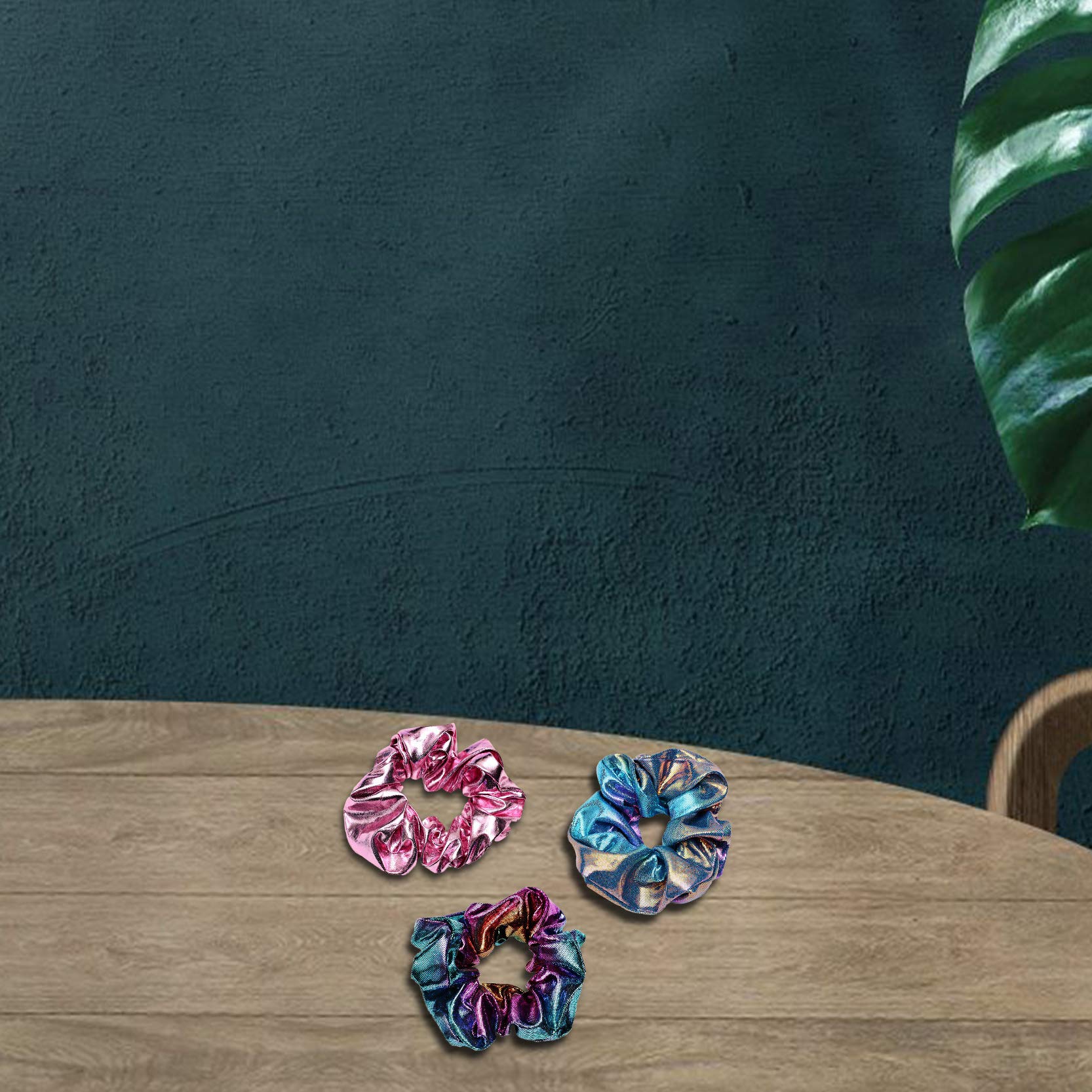 ACCGLORY shimmer fabric scrunchies displayed with elasticity detail.