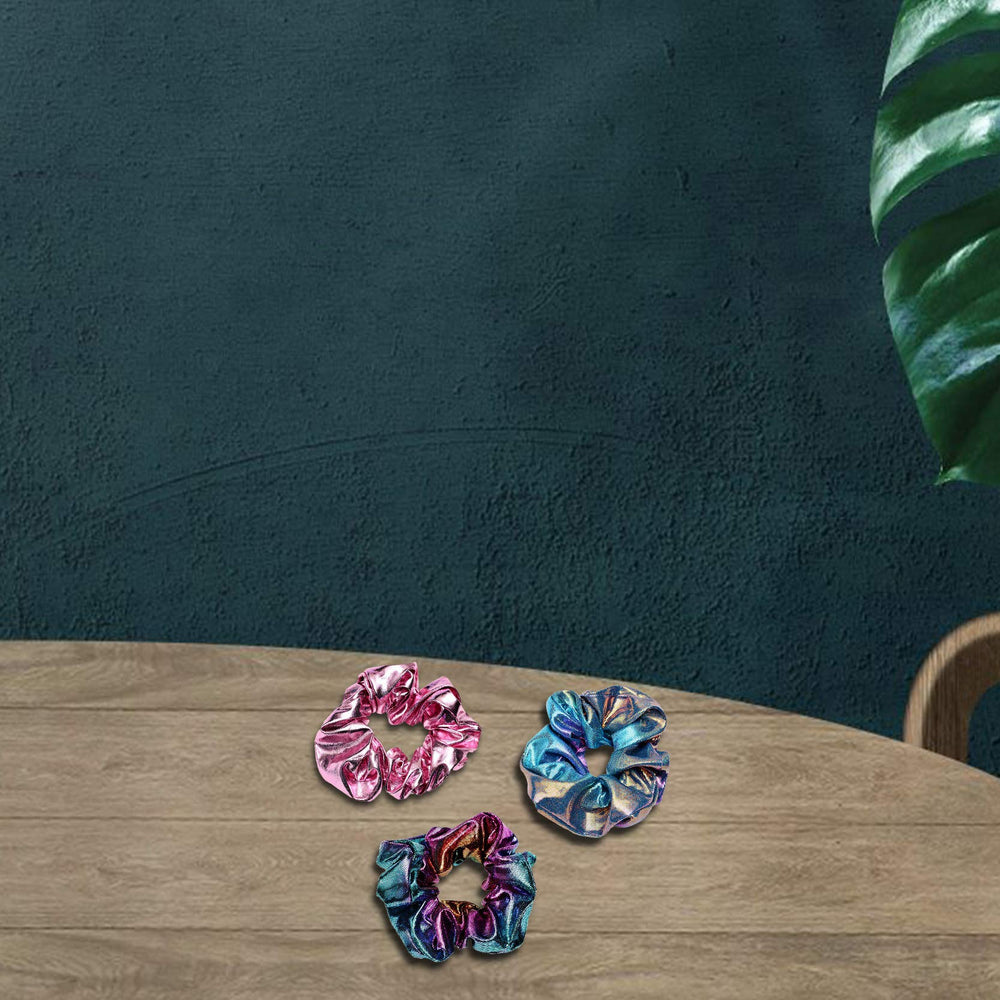 ACCGLORY shimmer fabric scrunchies displayed with elasticity detail.