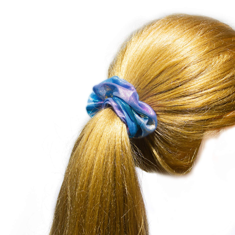 ACCGLORY metallic hair ties on model with ponytail illustration.