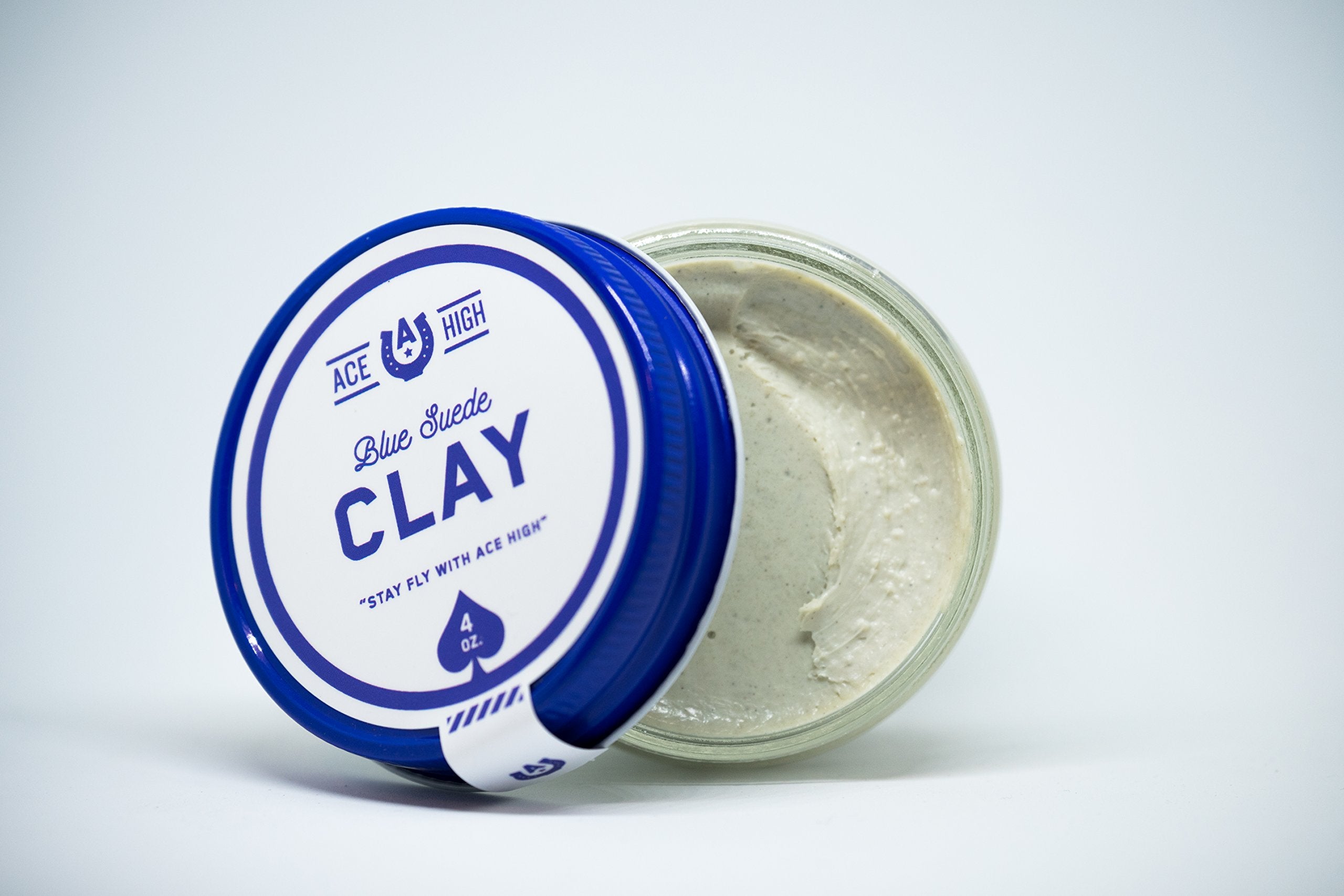 Ace High Blue Suede Clay jar closeup emphasizes natural ingredients